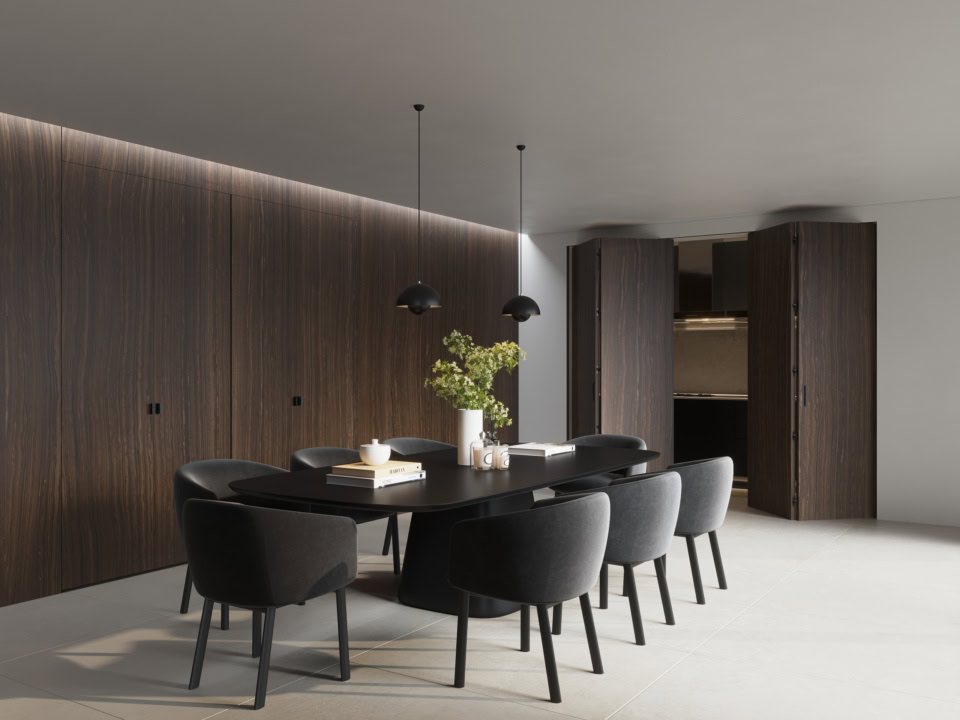 Ri-Trait wood architectural doors with ebony finish in dining area
