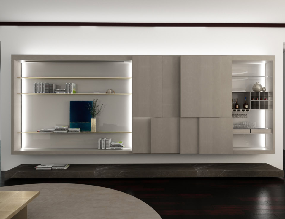 Wood wall unit entertainment center with eucalyptus finish and storage shelves