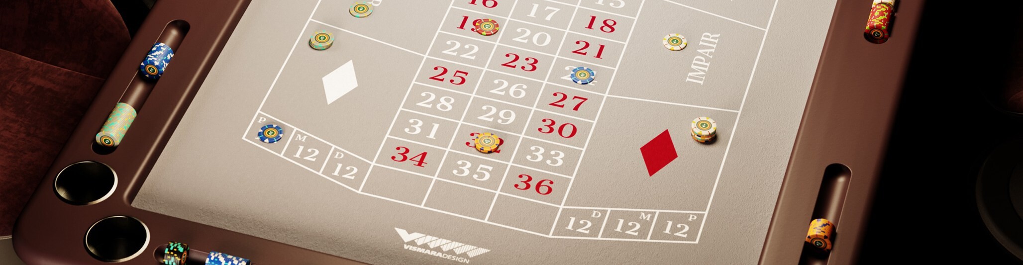 Roulette table with chips on felt gaming surface