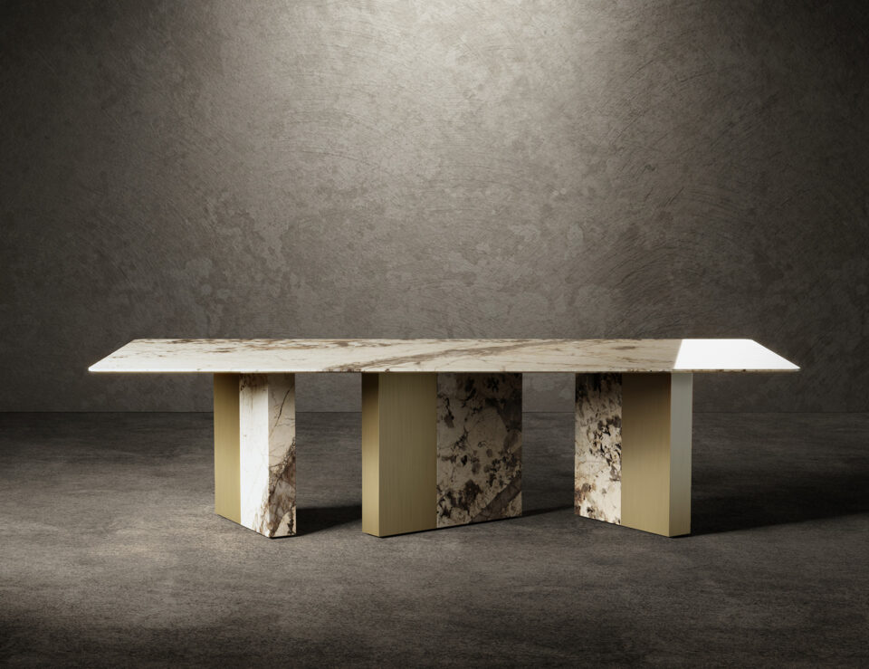 Rectangular dining table made of marble, wood, and metal with a polished surface.
