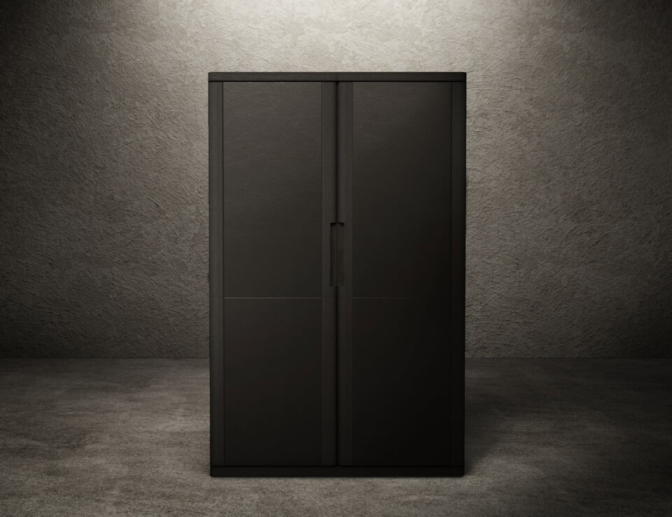 Leather and wood bar cabinet with ash finish