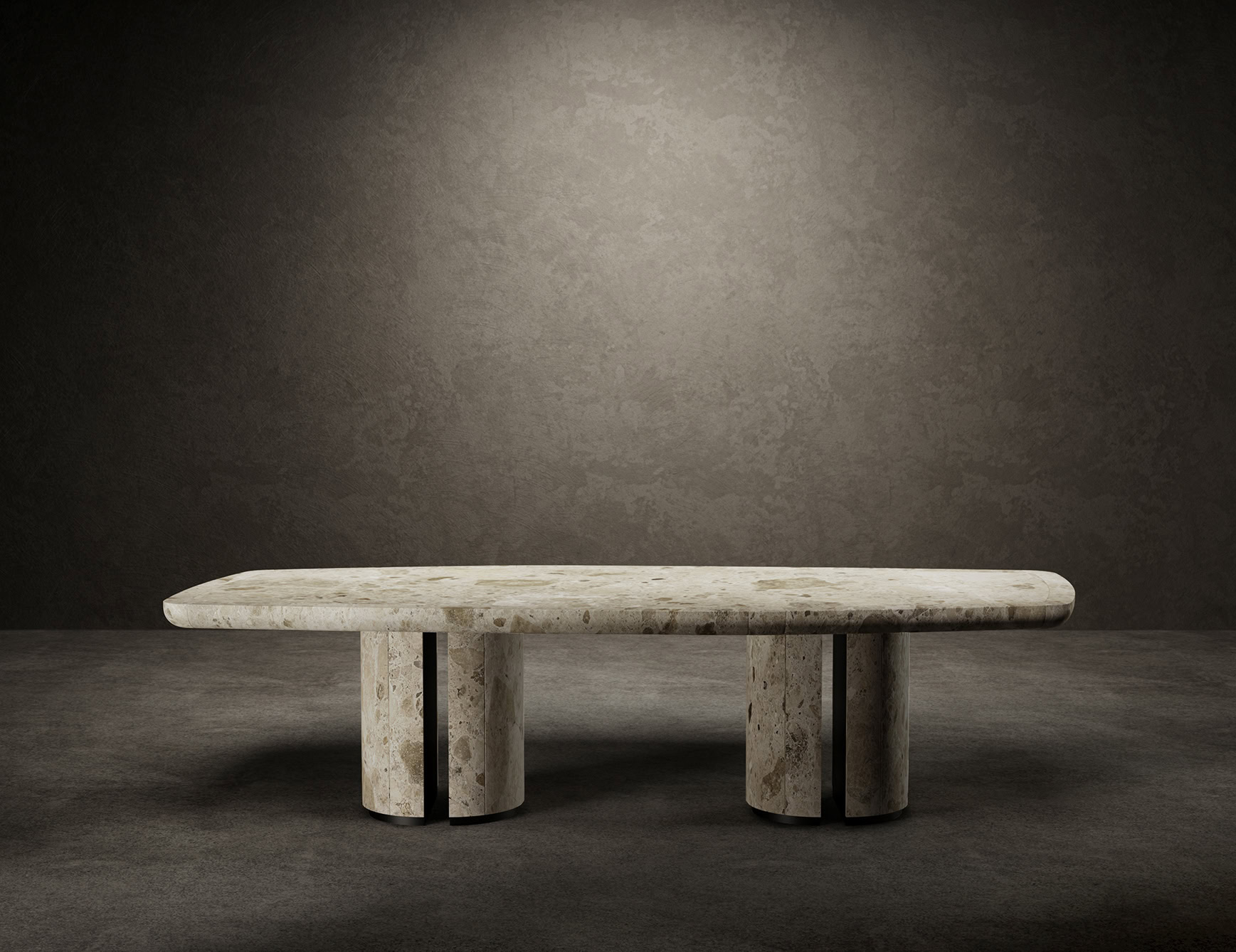 Rectangular marble dining table with rounded edges and cylindrical legs