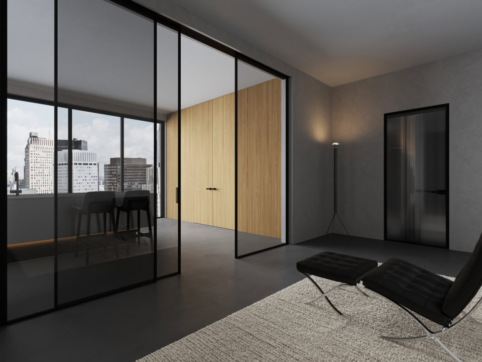 Glass architectural doors with black metal frames in interior setting