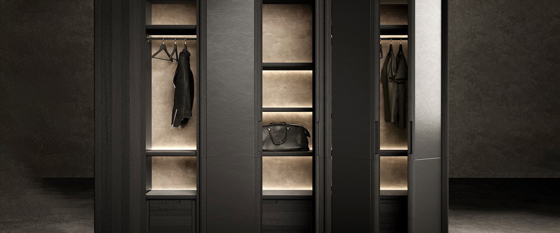 Dark wood wardrobe with open sections, hanging rods and shelves.