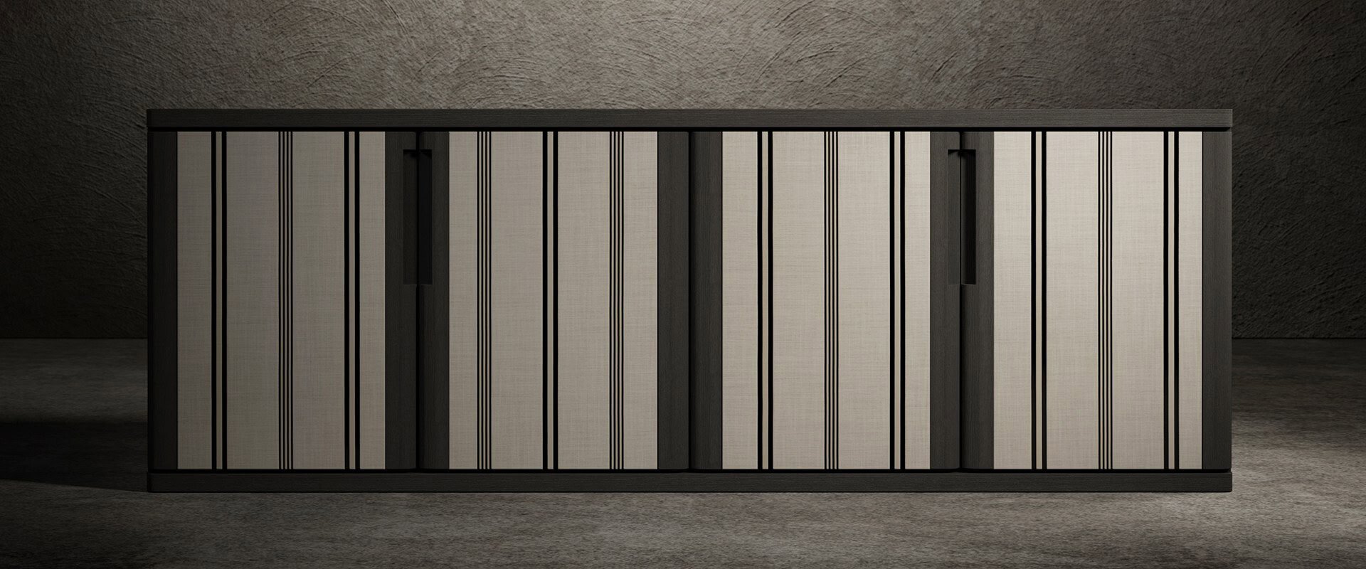 Wood cabinet with vertical stripe panel doors and dark frame