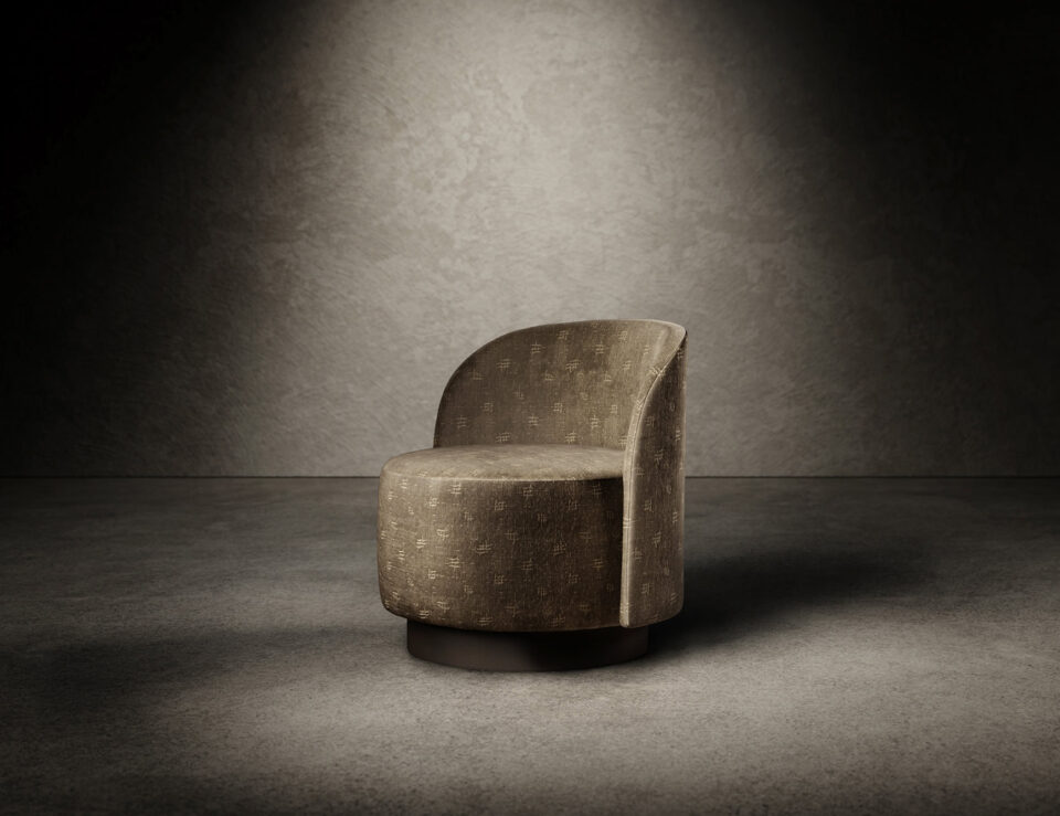 Leather and wood swivel armchair with curved backrest in neutral setting