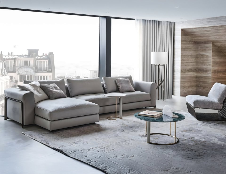 Leather sectional sofa with chaise in a living room setting