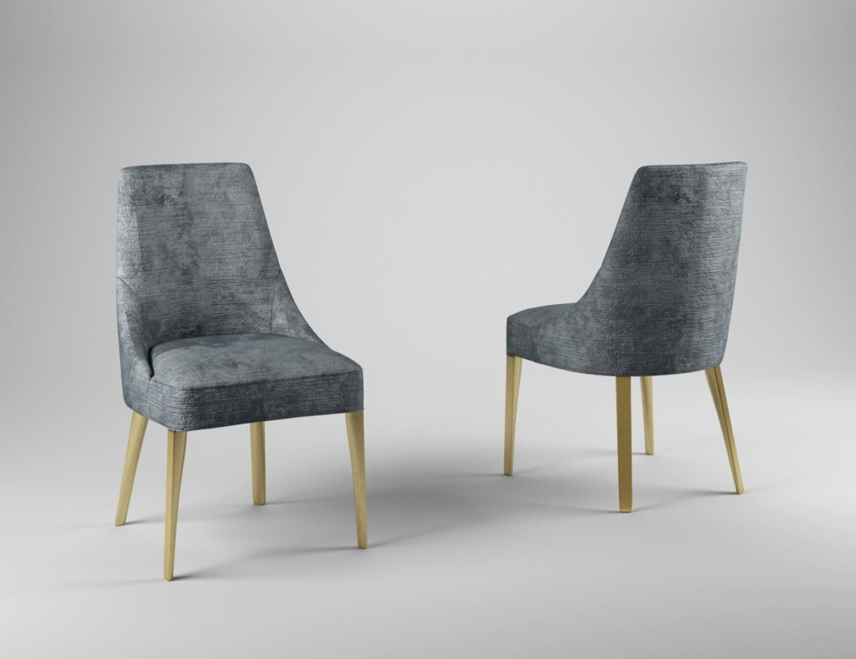 Fabric dining chairs with tapered wooden legs on plain background