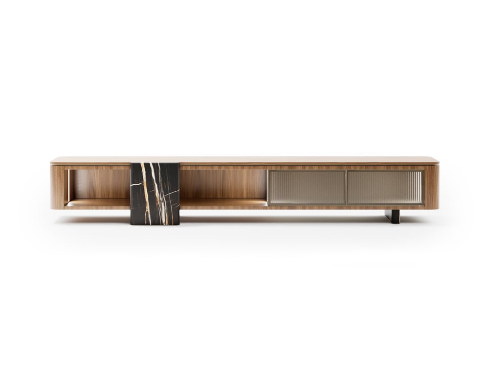 Wood TV media unit in American walnut finish with sliding doors