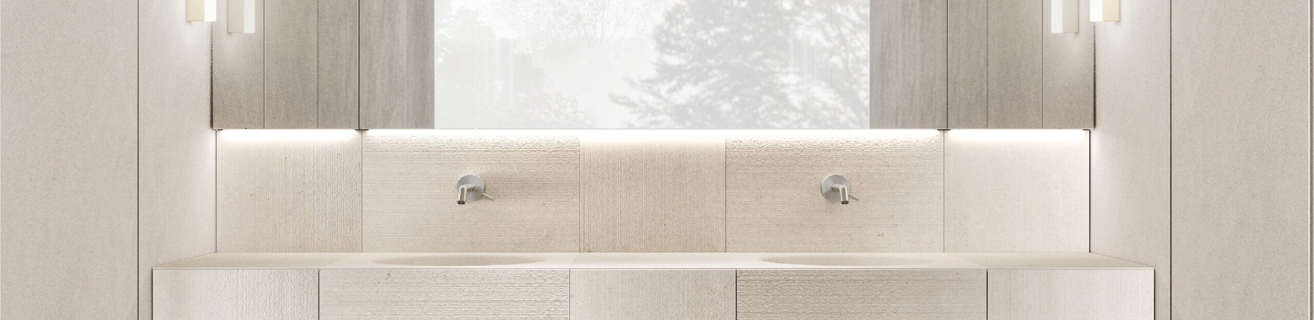 Double stone bathroom sink with wall-mounted faucets and mirror panels