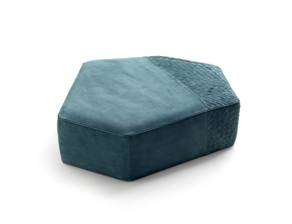 Leather pouf with geometric shape and woven panel design