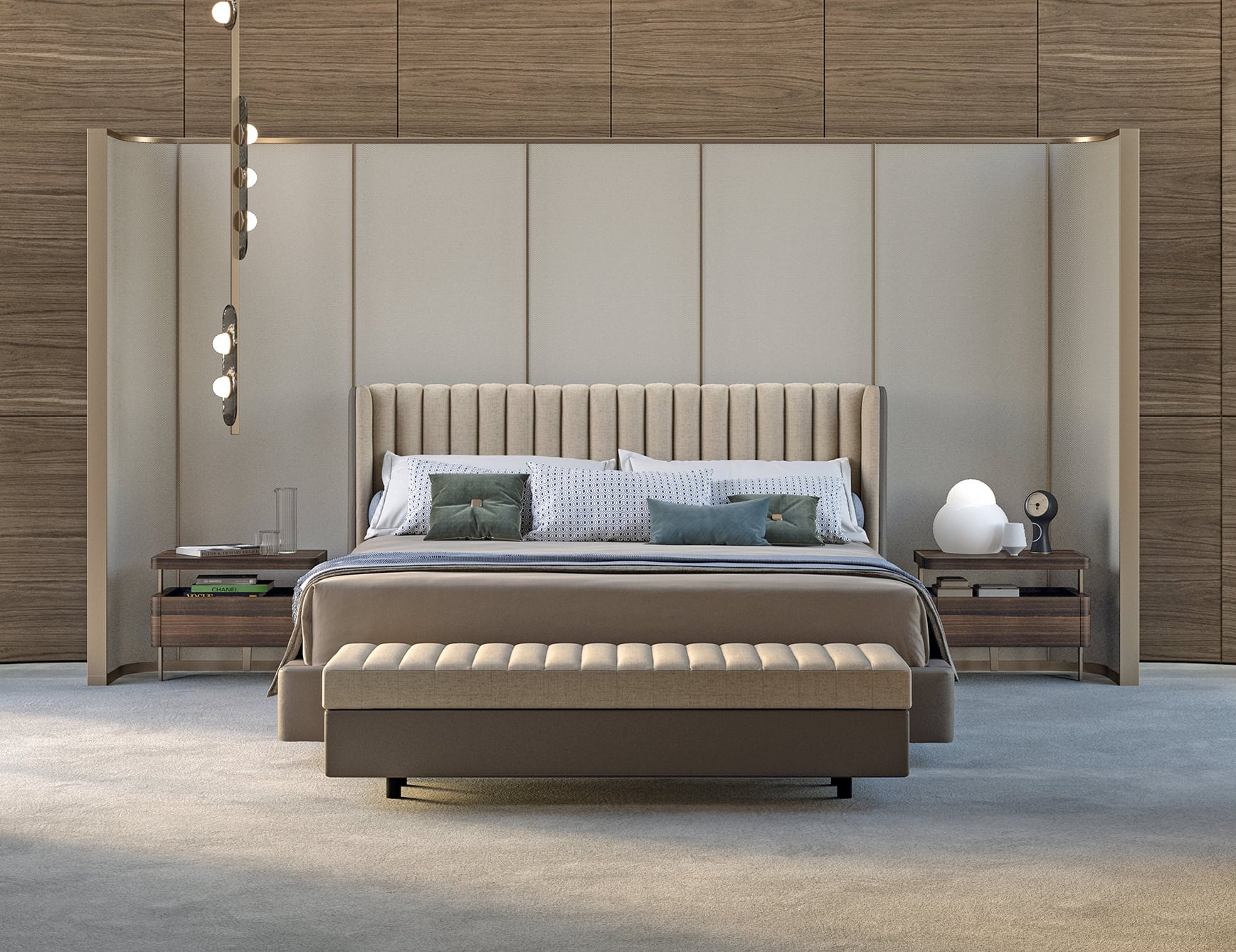 Leather and wood storage bed with upholstered headboard in bedroom setting