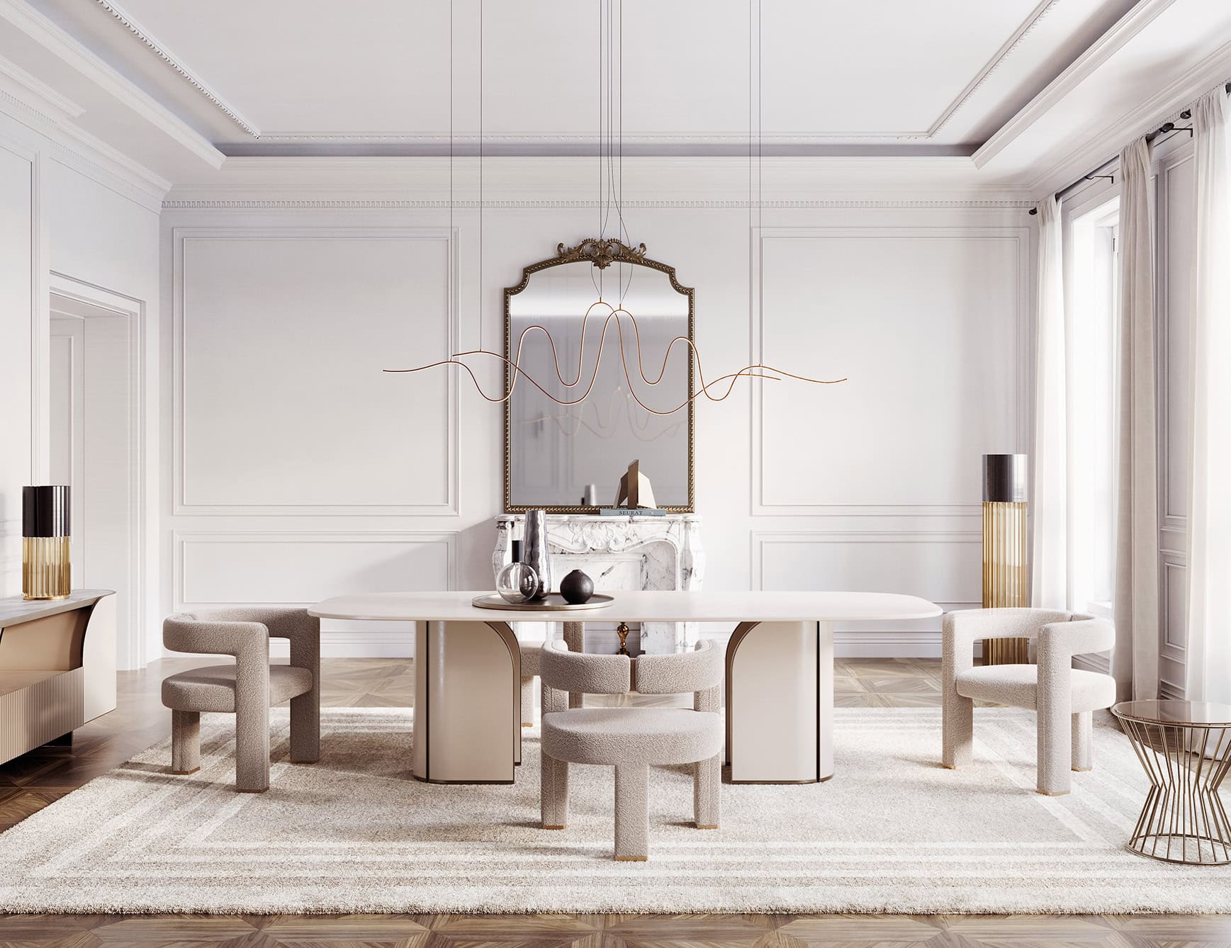 Wood dining table with rectangular top in a dining room setting