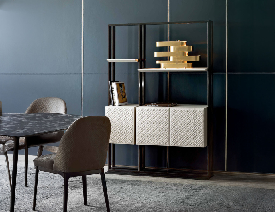 Leather bookcase with shelving and storage cabinet in living room setting