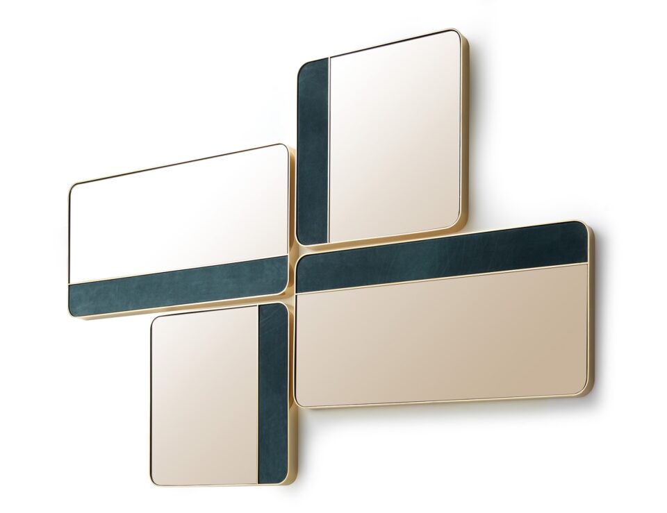 Leather framed wall mirror with rectangular modular panels