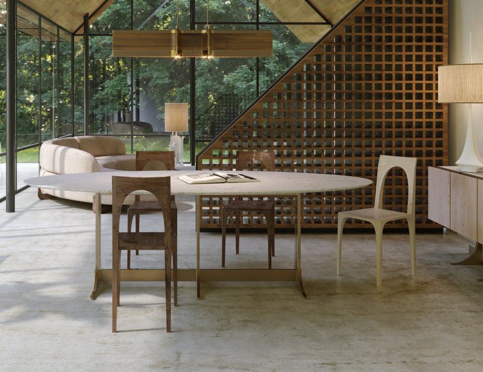 Wood dining chair in ash finish beside dining table