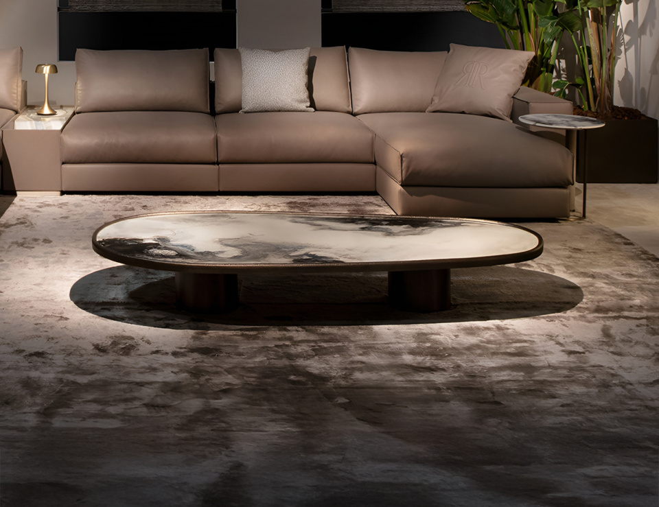 Oval marble coffee table with Dover White finish
