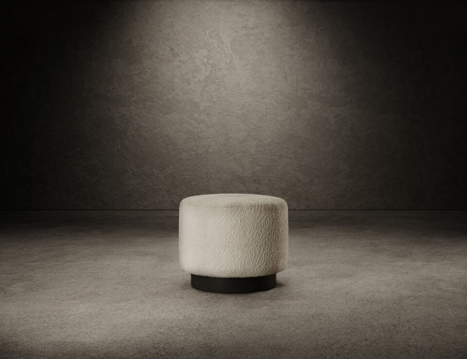 Round leather pouf with wooden base on plain floor