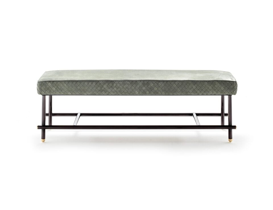 Leather bench with woven seat and wood frame