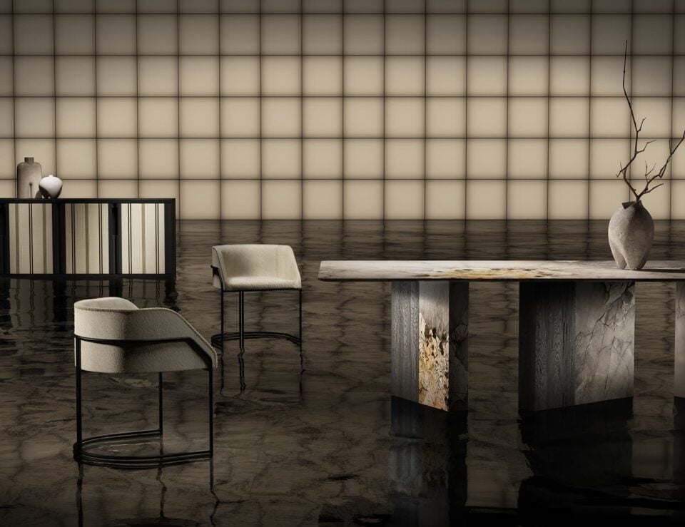 Rectangular dining table made of marble, wood, and metal in a contemporary interior setting