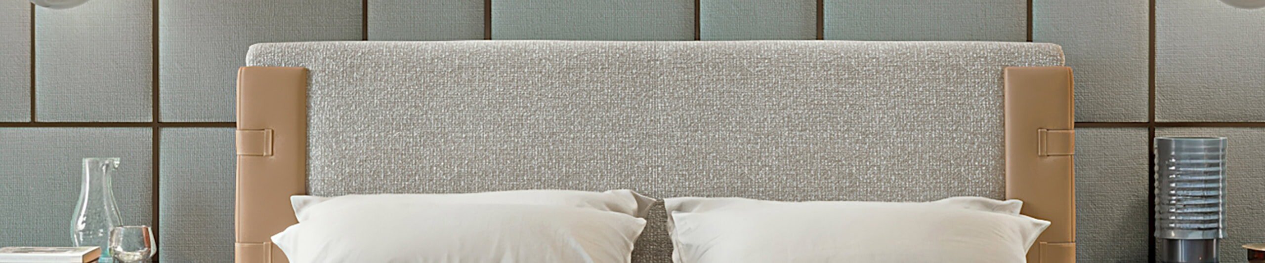 Upholstered fabric and leather bed with padded headboard