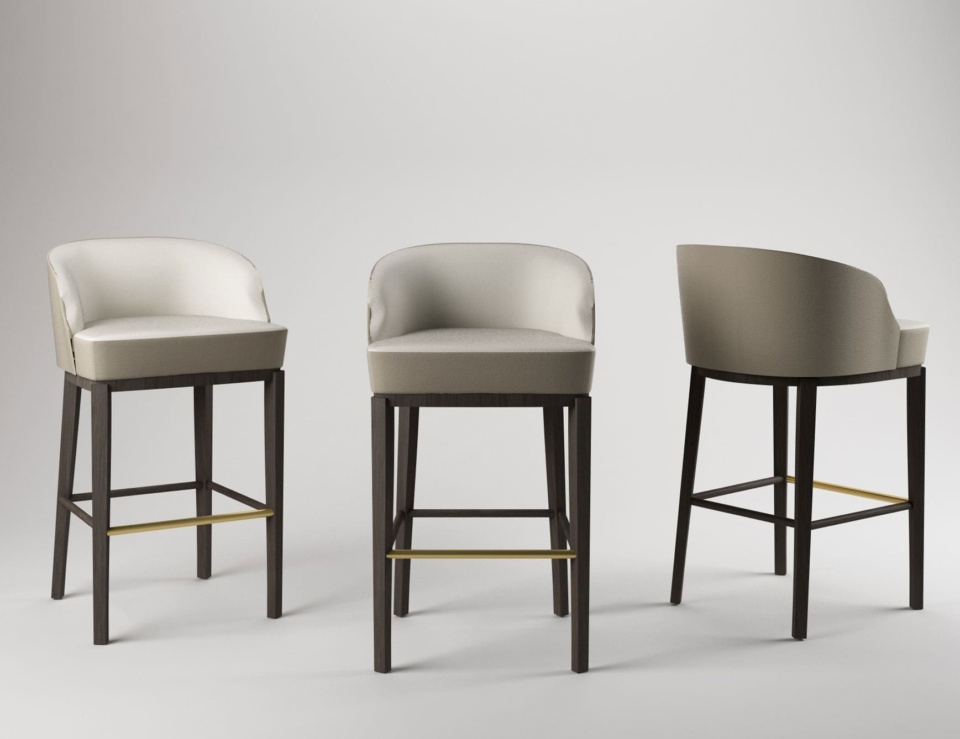 Leather upholstered stools with dark wood legs and metal footrests