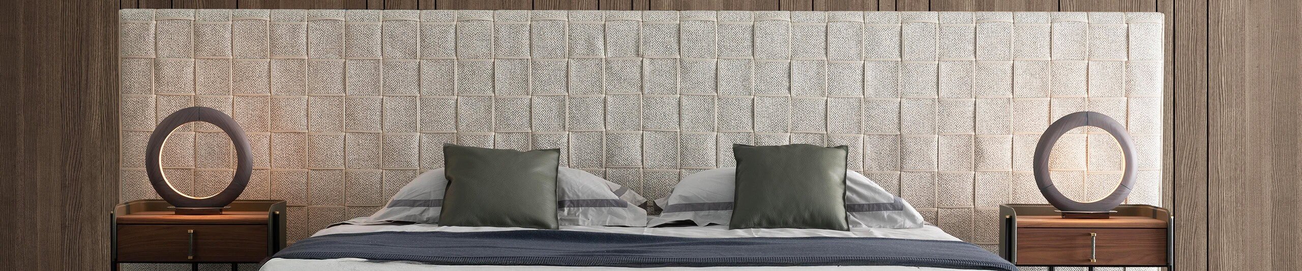 Upholstered fabric headboard bed with wooden nightstands