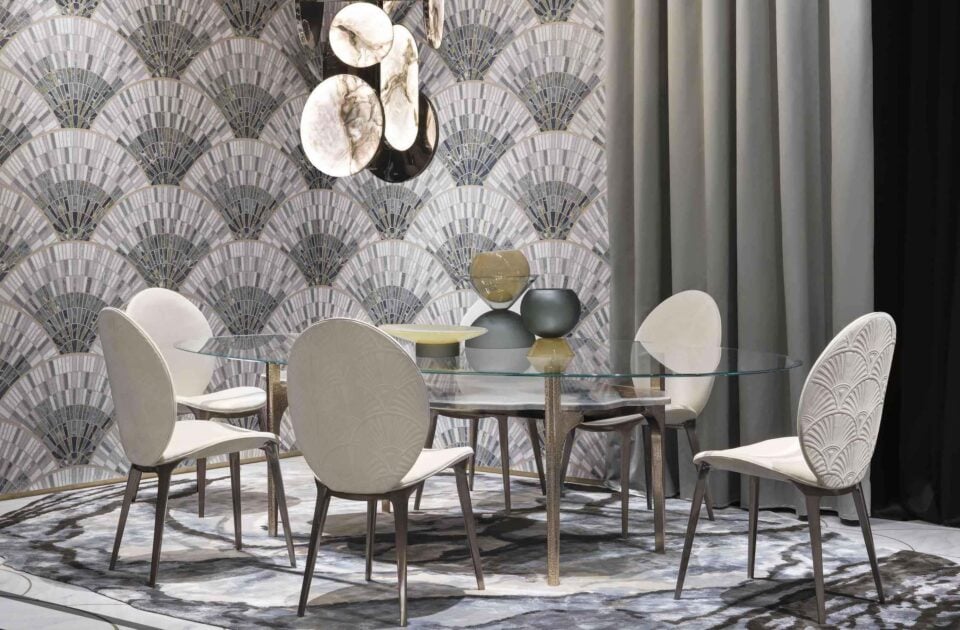 Arkady Dining Room modern luxury table with white Crema Marfil marble