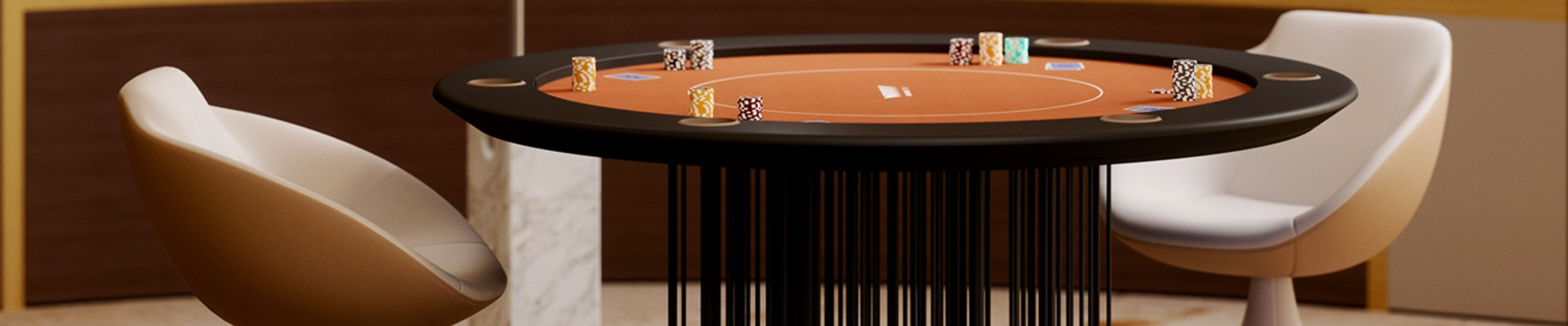 Round poker table with black frame and orange felt top